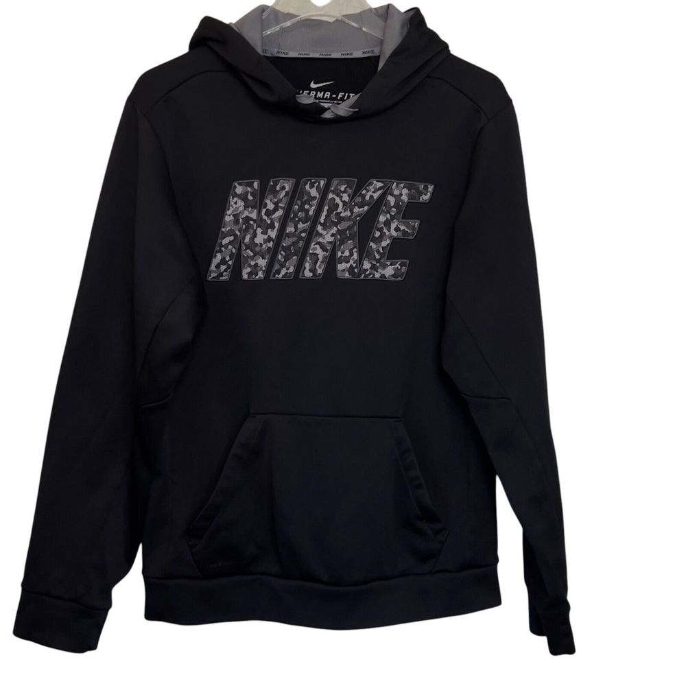 Nike Therma-Fit Pullover Hoodie Black Gray Camo Logo  Size Small Kangaroo Pocket